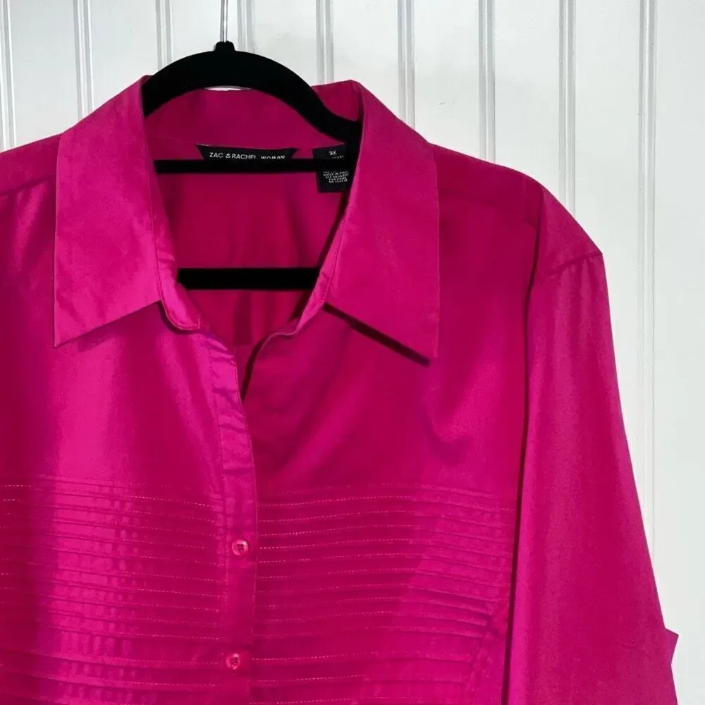 Zac & Rachel Pleated Button Down Top Women’s 3X-Large Pink Long Sleeve V-Neck - Picture 3 of 11